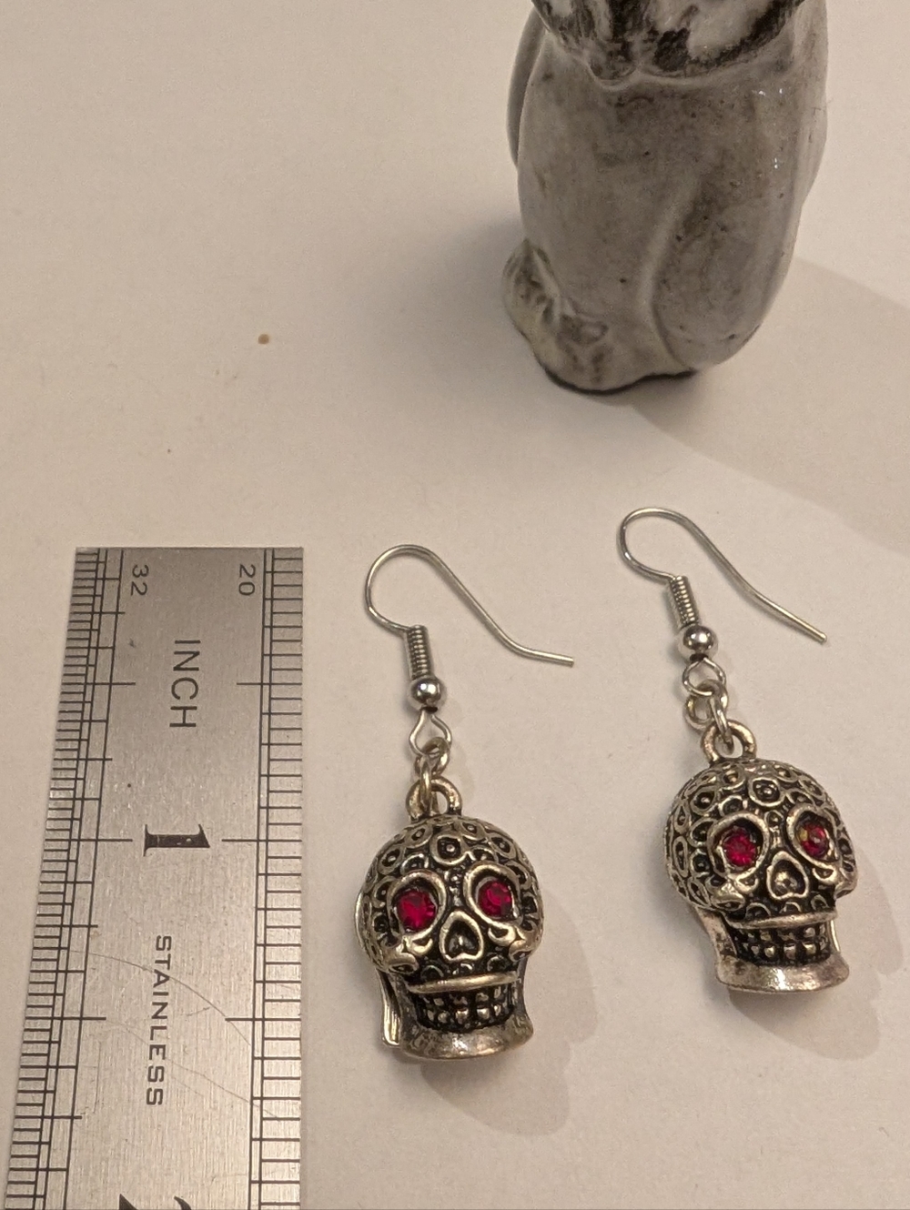 Silver Sugar Skull Drop Earrings with Red Eyes - Picture 2 of 3